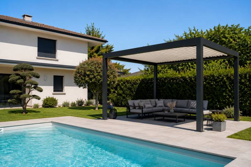 Pose d'une pergola bioclimatique autoportante à proximité d'une piscine à Bourgoin-Jallieu 